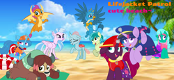 Size: 2340x1080 | Tagged: safe, artist:rainbow eevee edits, artist:徐詩珮, character:fizzlepop berrytwist, character:gallus, character:glitter drops, character:ocellus, character:sandbar, character:silverstream, character:smolder, character:spring rain, character:tempest shadow, character:twilight sparkle, character:twilight sparkle (alicorn), character:yona, species:alicorn, species:changeling, species:dragon, species:earth pony, species:griffon, species:hippogriff, species:pony, species:reformed changeling, species:unicorn, species:yak, series:sprglitemplight diary, series:sprglitemplight life jacket days, series:springshadowdrops diary, series:springshadowdrops life jacket days, ship:glitterlight, ship:glittershadow, ship:tempestlight, alternate universe, bisexual, broken horn, clothing, cute, diaocelles, diastreamies, dragoness, equestria girls outfit, female, gallabetes, glitterbetes, horn, lesbian, lifeguard spring rain, male, mare, paw patrol, polyamory, sandabetes, shipping, smolderbetes, sprglitemplight, springbetes, springdrops, springlight, springshadow, springshadowdrops, stallion, student six, tempestbetes, text, wallpaper, yonadorable