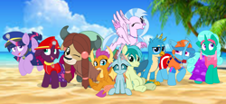 Size: 2340x1080 | Tagged: safe, artist:rainbow eevee edits, artist:徐詩珮, character:fizzlepop berrytwist, character:gallus, character:glitter drops, character:ocellus, character:sandbar, character:silverstream, character:smolder, character:spring rain, character:tempest shadow, character:twilight sparkle, character:twilight sparkle (alicorn), character:yona, species:alicorn, species:changeling, species:dragon, species:earth pony, species:griffon, species:hippogriff, species:pony, species:reformed changeling, species:unicorn, species:yak, series:sprglitemplight diary, series:sprglitemplight life jacket days, series:springshadowdrops diary, series:springshadowdrops life jacket days, ship:glitterlight, ship:glittershadow, ship:tempestlight, alternate universe, beach, bisexual, broken horn, chase (paw patrol), clothing, cute, diaocelles, diastreamies, dragoness, equestria girls outfit, female, gallabetes, glitterbetes, horn, lesbian, lifeguard, lifeguard spring rain, male, mare, marshall (paw patrol), one eye closed, paw patrol, polyamory, sandabetes, shipping, skye (paw patrol), smiling, smiling at you, smolderbetes, sprglitemplight, springbetes, springdrops, springlight, springshadow, springshadowdrops, stallion, student six, swimsuit, tempestbetes, wink, yonadorable, zuma (paw patrol)