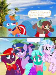 Size: 1080x1440 | Tagged: safe, artist:rainbow eevee edits, artist:徐詩珮, character:fizzlepop berrytwist, character:glitter drops, character:silverstream, character:spring rain, character:tempest shadow, character:twilight sparkle, character:twilight sparkle (alicorn), character:yona, species:alicorn, species:hippogriff, species:pony, species:unicorn, species:yak, series:sprglitemplight diary, series:sprglitemplight life jacket days, series:springshadowdrops diary, series:springshadowdrops life jacket days, ship:glitterlight, ship:glittershadow, ship:tempestlight, alternate universe, bisexual, broken horn, clothing, comic, cute, dialogue, diastreamies, equestria girls outfit, female, glitterbetes, happy, horn, lesbian, lifeguard, lifeguard spring rain, magic, paw patrol, polyamory, shipping, sprglitemplight, springbetes, springdrops, springlight, springshadow, springshadowdrops, stock image, tempestbetes, yonadorable