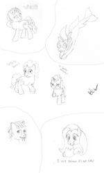 Size: 768x1280 | Tagged: safe, artist:quint-t-w, character:fluttershy, character:pinkie pie, oc, oc:papercut, species:earth pony, species:pegasus, species:pony, species:seapony (g4), species:unicorn, bedroom eyes, breaking the fourth wall, dialogue, diving goggles, fangs, food, hooves behind head, looking at you, meat, old art, original species, pencil drawing, pointing at you, ponies eating meat, sabertooth pony, sharp teeth, simple background, sketch, sketch dump, snorkel, swimming, teeth, traditional art, underhoof, white background