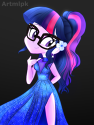 Size: 1800x2400 | Tagged: safe, artist:artmlpk, character:twilight sparkle, character:twilight sparkle (scitwi), species:eqg human, my little pony:equestria girls, alternate hairstyle, black background, blue dress, breasts, clothing, cute, dress, ear piercing, earring, fashion, female, flower, flower in hair, glasses, jewelry, legs, looking over shoulder, outfit, party dress, piercing, ponytail, side slit, simple background, smiling, solo, sparkles, thighs, twiabetes