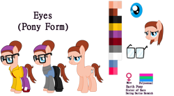 Size: 1024x566 | Tagged: safe, artist:clawort-animations, artist:elementbases, base used, species:earth pony, species:pony, clothing, eyes (spies in disguise), female, glasses, headband, mare, pants, polysexual, polysexual pride flag, ponified, pride, pride flag, reference sheet, shirt, shoes, simple background, spies in disguise, transparent background