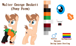 Size: 1024x624 | Tagged: safe, artist:clawort-animations, artist:elementbases, base used, species:pony, species:unicorn, bracelet, clothing, gay pride flag, jewelry, magic, male, pants, ponified, pride, pride flag, raised hoof, reference sheet, shirt, shoes, simple background, smiling, spies in disguise, stallion, transparent background, walter beckett