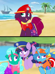 Size: 1080x1440 | Tagged: safe, artist:rainbow eevee edits, artist:徐詩珮, character:fizzlepop berrytwist, character:glitter drops, character:spring rain, character:tempest shadow, character:twilight sparkle, character:twilight sparkle (alicorn), species:alicorn, species:pony, species:unicorn, series:sprglitemplight diary, series:sprglitemplight life jacket days, series:springshadowdrops diary, series:springshadowdrops life jacket days, ship:glitterlight, ship:glittershadow, ship:tempestlight, alternate universe, beach, bisexual, broken horn, clothing, crying, equestria girls outfit, female, glitterbetes, happy birthday, horn, lesbian, lifeguard, lifeguard spring rain, paw patrol, polyamory, shipping, sprglitemplight, springbetes, springdrops, springlight, springshadow, springshadowdrops, stock image, tears of joy, tempest the birthday guest, tempestbetes