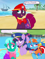 Size: 1080x1440 | Tagged: safe, artist:rainbow eevee edits, artist:徐詩珮, character:fizzlepop berrytwist, character:glitter drops, character:spring rain, character:tempest shadow, character:twilight sparkle, character:twilight sparkle (alicorn), species:alicorn, species:pony, species:unicorn, series:sprglitemplight diary, series:sprglitemplight life jacket days, series:springshadowdrops diary, series:springshadowdrops life jacket days, ship:glitterlight, ship:glittershadow, ship:tempestlight, alternate universe, beach, bisexual, broken horn, clothing, crying, dialogue, equestria girls outfit, female, glitterbetes, happy birthday, horn, lesbian, lifeguard, lifeguard spring rain, paw patrol, polyamory, shipping, sprglitemplight, springbetes, springdrops, springlight, springshadow, springshadowdrops, stock image, tears of joy, tempest the birthday guest, tempestbetes