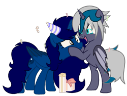 Size: 1621x1235 | Tagged: safe, artist:klewgcg, artist:rukemon, base used, oc, oc only, oc:elizabat stormfeather, oc:midnight, species:alicorn, species:bat pony, species:pony, alicorn oc, bat pony alicorn, bat pony oc, bipedal, birthday, birthday gift, clothing, commission, confetti, cute, cutie, female, hat, mare, open mouth, party hat, present, show accurate, simple background, squishy cheeks, transparent background