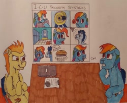 Size: 1738x1419 | Tagged: safe, artist:rapidsnap, character:rainbow dash, character:soarin', character:spitfire, species:pegasus, species:pony, book, care mare, chest fluff, dizzitron, dynamic dash, food, forthright filly, locker room, pie, rainbow dork, rainbow fash, shower, tongue out, traditional art