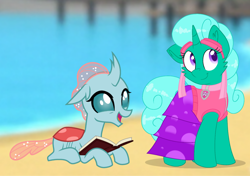 Size: 1286x906 | Tagged: safe, artist:rainbow eevee edits, artist:徐詩珮, character:glitter drops, character:ocellus, species:changeling, species:pony, species:reformed changeling, species:unicorn, series:sprglitemplight diary, series:sprglitemplight life jacket days, series:springshadowdrops diary, series:springshadowdrops life jacket days, alternate universe, clothing, cute, diaocelles, paw patrol, skye (paw patrol), swimsuit