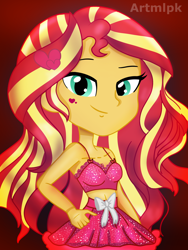 Size: 1536x2048 | Tagged: safe, artist:artmlpk, character:sunset shimmer, my little pony:equestria girls, adorable face, adorkable, bare shoulders, belly button, bow, chest, clothing, cute, dork, dress, female, holiday, looking at you, midriff, miniskirt, outfit, shimmerbetes, skirt, smiling, smiling at you, smirk, solo, valentine, valentine's day
