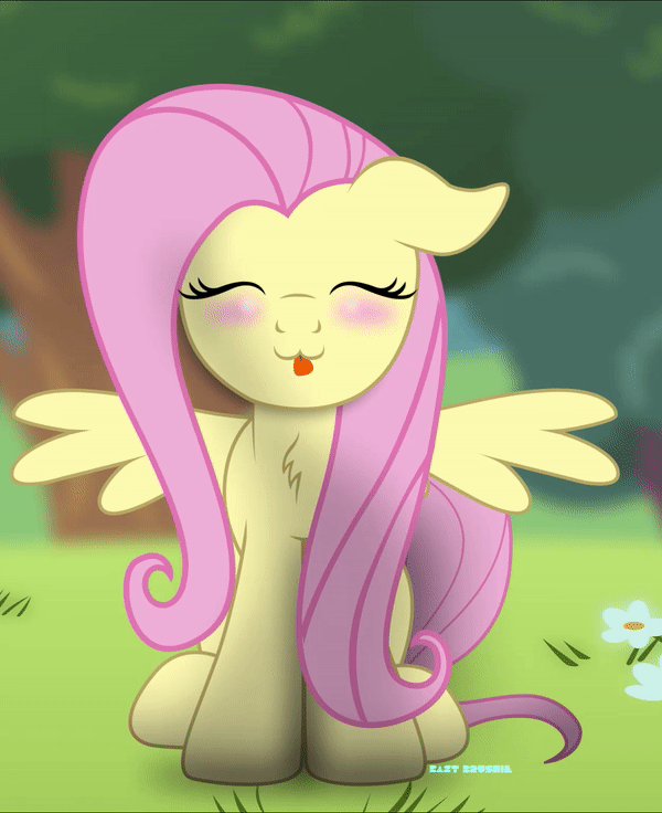 Size: 600x736 | Tagged: safe, artist:bastbrushie, part of a set, character:fluttershy, species:pegasus, species:pony, :3, animated, bastbrushie is trying to kill us, blushing, chest fluff, cute, dawwww, eyes closed, female, floppy ears, flower, forest, full face view, gif, happy, head tilt, headbob, hnnng, hoof tapping, outdoors, party soft, shyabetes, sitting, solo, spread wings, tapping, tongue out, weapons-grade cute, wings