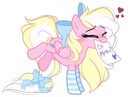 Size: 4223x3195 | Tagged: safe, artist:emberslament, oc, oc only, oc:bay breeze, species:pegasus, species:pony, blushing, bow, clothing, cute, eyes closed, female, hair bow, mare, mouth hold, ocbetes, simple background, socks, striped socks, tail bow, transparent background