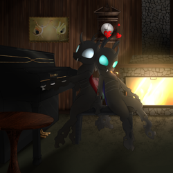 Size: 3000x3000 | Tagged: safe, artist:cheshiresdesires, oc, oc only, oc:coxa, oc:mimesis, species:changeling, aniscoria, duo, fangs, fireplace, heart, male, musical instrument, piano, red changeling, smiling, tongue out