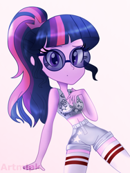Size: 1800x2400 | Tagged: safe, artist:artmlpk, character:twilight sparkle, character:twilight sparkle (scitwi), species:eqg human, my little pony:equestria girls, adorasexy, adorkable, adorkasexy, clothing, cute, denim, denim shorts, digital art, dork, female, glasses, hand on chest, high socks, high waisted shorts, hips, looking at you, midriff, outfit, ponytail, sexy, shorts, socks, solo, sports bra, thigh highs, thighs, tomboy, twiabetes