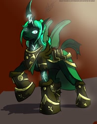 Size: 1006x1280 | Tagged: safe, artist:thebigbadwolf01, oc, oc only, oc:queen ceceda, armor, boots, changeling queen, changeling queen oc, clothing, glowing horn, green changeling, horn, raised hoof, scar, shoes, signature, slit eyes, solo