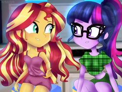Size: 2400x1800 | Tagged: safe, artist:artmlpk, character:sunset shimmer, character:twilight sparkle, character:twilight sparkle (scitwi), species:eqg human, my little pony:equestria girls, chair, clothing, cute, digital art, duo, duo female, female, glasses, looking at each other, midriff, outfit, pajamas, ponytail, shimmerbetes, shirt, short shirt, shorts, sitting, sleepover, sleeveless, smiley face, smiling, twiabetes, unmoving plaid