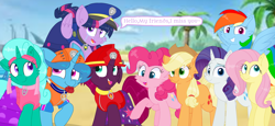 Size: 2340x1080 | Tagged: safe, artist:rainbow eevee edits, artist:徐詩珮, character:applejack, character:fizzlepop berrytwist, character:fluttershy, character:glitter drops, character:pinkie pie, character:rainbow dash, character:rarity, character:spring rain, character:tempest shadow, character:twilight sparkle, character:twilight sparkle (alicorn), species:alicorn, species:earth pony, species:pegasus, species:pony, species:unicorn, series:sprglitemplight diary, series:sprglitemplight life jacket days, series:springshadowdrops diary, series:springshadowdrops life jacket days, ship:glitterlight, ship:glittershadow, ship:tempestlight, alternate universe, beach, bisexual, broken horn, clothing, cowboy hat, crying, cute, dashabetes, determined, dialogue, diapinkes, equestria girls outfit, eyelashes, eyeshadow, female, floppy ears, folded wings, glitterbetes, goggles, grin, hat, helmet, horn, jackabetes, lesbian, lifeguard, lifeguard spring rain, looking at you, makeup, mane six, mare, paw patrol, polyamory, raised hoof, raribetes, shipping, shy, shyabetes, smiling, smiling at you, spread wings, sprglitemplight, springbetes, springdrops, springlight, springshadow, springshadowdrops, swimsuit, tears of joy, tempestbetes, twiabetes, wings