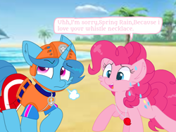 Size: 1440x1080 | Tagged: safe, artist:rainbow eevee edits, artist:徐詩珮, character:pinkie pie, character:spring rain, species:earth pony, species:pony, species:unicorn, series:sprglitemplight diary, series:sprglitemplight life jacket days, series:springshadowdrops diary, series:springshadowdrops life jacket days, alternate universe, angry, clothing, cute, dialogue, diapinkes, female, lifeguard, lifeguard spring rain, mare, paw patrol, spring rain is not amused, swimsuit, unamused