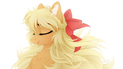 Size: 1920x1080 | Tagged: dead source, safe, artist:vird-gi, character:applejack, species:earth pony, species:pony, alternate hairstyle, beautiful, bow, braid, bust, chest fluff, cute, ear fluff, eyes closed, female, hair bow, jackabetes, loose hair, mare, open mouth, portrait, simple background, solo, white background, windswept mane