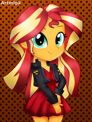 Size: 1800x2400 | Tagged: safe, artist:artmlpk, character:sunset shimmer, my little pony:equestria girls, blushing, clothing, cute, design, digital art, dress, female, jacket, leather jacket, looking at you, outfit, red dress, shimmerbetes, smiling at you, solo