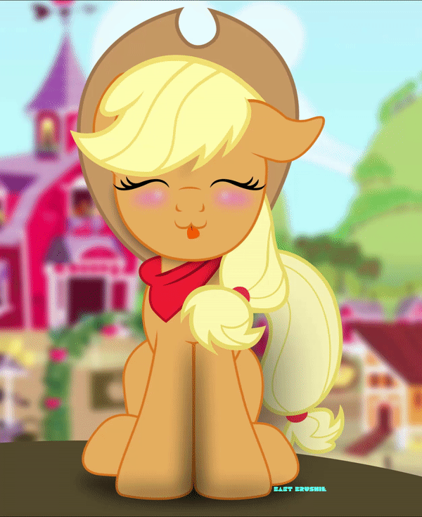 Size: 600x736 | Tagged: safe, artist:bastbrushie, part of a set, character:applejack, species:earth pony, species:pony, :3, animated, bandana, bastbrushie is trying to kill us, blushing, clothing, cute, dawwww, eyes closed, female, floppy ears, full face view, gif, ground, happy, hat, hnnng, hoof tapping, jackabetes, scarf, silly, silly pony, solo, tongue out, who's a silly pony