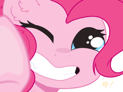 Size: 1600x1200 | Tagged: safe, artist:kebchach, character:pinkie pie, species:earth pony, species:pony, against glass, bust, cute, diapinkes, ear fluff, female, glass, looking at you, mare, one eye closed, portrait, simple background, smiling, solo, starry eyes, stars, underhoof, white background, wingding eyes, wink