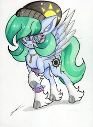 Size: 4911x6665 | Tagged: safe, artist:luxiwind, oc, oc:soul emblem, species:pegasus, species:pony, absurd resolution, clothing, female, glasses, hat, mare, solo, spiked wristband, traditional art, wristband