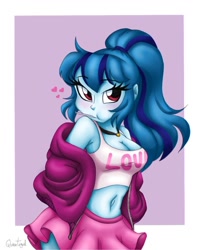 Size: 966x1213 | Tagged: safe, artist:queentigrel, character:sonata dusk, my little pony:equestria girls, abstract background, adorasexy, belly button, breasts, busty sonata dusk, candy, cleavage, clothing, cute, female, food, heart, hoodie, jewelry, lollipop, midriff, miniskirt, moe, mouth hold, necklace, ponytail, sexy, skirt, solo, sonatabetes, stupid sexy sonata dusk, tank top