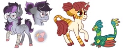 Size: 1024x410 | Tagged: safe, artist:loryska, oc, oc only, oc:clarabelle, oc:niko, parent:derpy hooves, parent:doctor whooves, parent:pipsqueak, parent:sweetie belle, parents:doctorderpy, parents:sweetiesqueak, species:earth pony, species:pony, species:unicorn, colt, female, filly, glasses, male, offspring, simple background, vial, white background