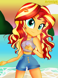Size: 1800x2400 | Tagged: safe, artist:artmlpk, character:sunset shimmer, my little pony:equestria girls, alternate hairstyle, beach, bracelet, choker, clothing, cute, denim shorts, digital art, female, hair, hairpin, jewelry, looking at you, ocean, shimmerbetes, shorts, smiling, smiling at you, solo, vacation