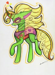Size: 2411x3305 | Tagged: safe, artist:luxiwind, oc, oc:hina, species:changeling, species:reformed changeling, female, glasses, high res, solo, traditional art