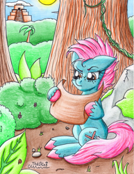 Size: 1688x2187 | Tagged: safe, artist:the1king, oc, oc only, species:earth pony, species:pony, boulder, confused, freckles, jungle, lost, map, rock, solo, temple, tree, vine