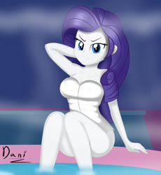 Size: 2560x2784 | Tagged: safe, artist:danielitamlp, character:rarity, species:eqg human, g4, my little pony:equestria girls, arm behind head, armpits, bare shoulders, breasts, busty rarity, cleavage, female, high res, legs, looking at you, solo, spa, thighs