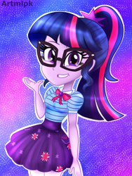 Size: 1800x2400 | Tagged: safe, artist:artmlpk, character:twilight sparkle, character:twilight sparkle (scitwi), species:eqg human, g4, my little pony: equestria girls, my little pony:equestria girls, adorable face, adorkable, clothing, cute, digital art, dork, female, geode of telekinesis, glasses, grin, looking at you, magical geodes, miniskirt, outfit, ponytail, skirt, smiley face, smiling, smiling at you, solo, twiabetes