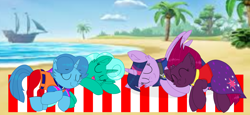 Size: 2340x1080 | Tagged: safe, artist:rainbow eevee edits, artist:徐詩珮, character:fizzlepop berrytwist, character:glitter drops, character:spring rain, character:tempest shadow, character:twilight sparkle, character:twilight sparkle (alicorn), species:alicorn, species:pony, species:unicorn, series:sprglitemplight diary, series:sprglitemplight life jacket days, series:springshadowdrops diary, series:springshadowdrops life jacket days, ship:glitterlight, ship:glittershadow, ship:tempestlight, alternate universe, bisexual, broken horn, clothing, cute, equestria girls outfit, female, glitterbetes, horn, lesbian, lifeguard, lifeguard spring rain, paw patrol, polyamory, shipping, sleeping, sprglitemplight, springbetes, springdrops, springlight, springshadow, springshadowdrops, tempestbetes