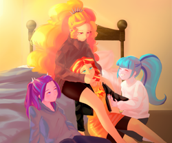Size: 6767x5633 | Tagged: safe, artist:amazingpuffhair, character:adagio dazzle, character:aria blaze, character:sonata dusk, character:sunset shimmer, ship:sunblaze, ship:sunsagio, my little pony:equestria girls, absurd resolution, bed, bedroom, commission, female, lesbian, polyamory, ponytail, shipping, sunata, sunblaze, sunset shimmer gets all the dazzlings, the dazzlings