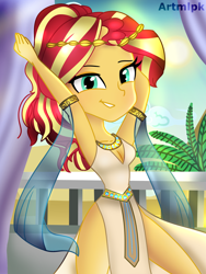 Size: 1800x2400 | Tagged: safe, artist:artmlpk, character:sunset shimmer, my little pony:equestria girls, alternate hairstyle, armlet, belly dancer, belly dancer outfit, cleopatra, clothing, costume, crown, cute, design, egypt, egyptian, female, harem outfit, jewelry, looking at you, necklace, outfit, ponytail, pyramid, regalia, shimmerbetes, smiling, smiling at you, smirk, smug, solo