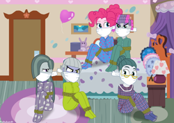 Size: 1058x755 | Tagged: safe, artist:robukun, character:cloudy quartz, character:limestone pie, character:marble pie, character:maud pie, character:pinkie pie, my little pony:equestria girls, bedroom bondage, bondage, bound and gagged, cloth gag, clothing, equestria girls-ified, footed sleeper, footie pajamas, gag, hair curlers, nightgown, otn gag, over the nose gag, pajamas, rope, rope bondage, tied up