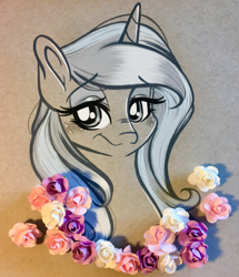 Size: 2506x2915 | Tagged: safe, artist:emberslament, character:fleur-de-lis, species:pony, species:unicorn, g4, blushing, colored pencil drawing, female, flower, mare, photo, simple background, traditional art