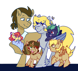 Size: 1280x1173 | Tagged: safe, artist:cubbybatdoodles, character:derpy hooves, character:doctor whooves, character:time turner, oc, oc:brown butter, oc:hopscotch, oc:whimsical note, oc:wind biter, parent:derpy hooves, parent:doctor whooves, parent:time turner, parents:doctorderpy, species:earth pony, species:pegasus, species:pony, species:unicorn, ship:doctorderpy, colt, daughter, ditzy doo, family, father, father and child, father and daughter, father and son, female, filly, foal, glasses, male, mare, mother, mother and child, mother and daughter, mother and son, offspring, one eye closed, shipping, son, stallion, straight, teething ring, tooth gap, underp, unshorn fetlocks