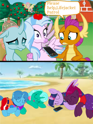Size: 1080x1440 | Tagged: safe, artist:rainbow eevee edits, artist:徐詩珮, character:fizzlepop berrytwist, character:flutterbat, character:fluttershy, character:glitter drops, character:ocellus, character:silverstream, character:skye (g4), character:smolder, character:spring rain, character:tempest shadow, character:twilight sparkle, character:twilight sparkle (alicorn), species:alicorn, species:bat pony, species:changeling, species:dragon, species:hippogriff, species:pony, species:reformed changeling, species:unicorn, series:sprglitemplight diary, series:sprglitemplight life jacket days, series:springshadowdrops diary, series:springshadowdrops life jacket days, ship:glitterlight, ship:glittershadow, ship:tempestlight, alternate universe, apple, bat ponified, bisexual, broken horn, chase, chase (paw patrol), clothing, cute, dawwww, dialogue, diaocelles, diastreamies, equestria girls outfit, eyelashes, female, folded wings, food, glitterbetes, goggles, hat, helmet, holding, horn, lesbian, lifeguard, lifeguard spring rain, marshall, marshall (paw patrol), nap, paw patrol, phone, polyamory, race swap, sad, shipping, skye (paw patrol), sleeping, smolderbetes, spread wings, sprglitemplight, springbetes, springdrops, springlight, springshadow, springshadowdrops, tempestbetes, wings, worried, zuma, zuma (paw patrol)