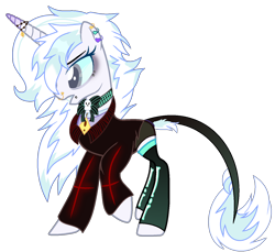 Size: 1450x1328 | Tagged: safe, artist:nocturnal-moonlight, artist:rukemon, base used, oc, oc only, oc:lost legacy (ice1517), species:pony, species:unicorn, bone, bow tie, clothing, coat, collar, colored sclera, commission, ear piercing, earring, eyeshadow, female, horn, horn jewelry, jewelry, leonine tail, makeup, mare, nose piercing, nose ring, piercing, raised hoof, shirt, shorts, simple background, skull, snake bites, socks, solo, stockings, t-shirt, thigh highs, transparent background