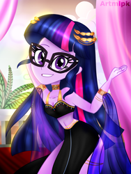 Size: 1800x2400 | Tagged: safe, artist:artmlpk, character:twilight sparkle, character:twilight sparkle (scitwi), species:eqg human, my little pony:equestria girls, adorasexy, adorkable, armlet, beautiful, beautisexy, belly dancer, belly dancer outfit, breasts, choker, cleavage, cleopatra, clothing, costume, crown, curtains, cute, desert, design, dork, dress, egypt, egyptian, eyelashes, female, harem outfit, jewelry, long hair, looking at you, midriff, necklace, outfit, plant, plants, regalia, sexy, smiling, smiling at you, solo, stupid sexy sci-twi, sunset, twiabetes