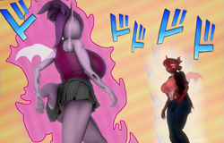 Size: 1689x1080 | Tagged: safe, artist:dongly12, oc, oc:cayenne (changeling), oc:waffles (changeling), species:anthro, species:changeling, species:plantigrade anthro, 3d, big breasts, breasts, busty changeling, changeling oc, clothing, huge breasts, jojo's bizarre adventure, oh you're approaching me, purple changeling, red changeling, reference, source filmmaker