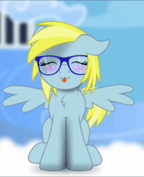 Size: 1252x1536 | Tagged: safe, artist:bastbrushie, oc, oc only, oc:cloud cuddler, species:pegasus, species:pony, animated, blep, blushing, cloudsdale, cute, eyes closed, female, glasses, no sound, tongue out, webm