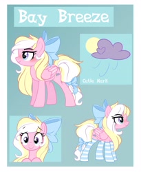 Size: 3349x4094 | Tagged: safe, artist:emberslament, edit, oc, oc only, oc:bay breeze, species:pegasus, species:pony, blushing, bow, clothing, cute, female, hair bow, heart eyes, mare, reference sheet, simple background, socks, striped socks, tail bow, text, wingding eyes