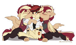 Size: 1350x800 | Tagged: safe, artist:crimmharmony, oc, oc only, oc:casino royale, oc:even split, oc:low roller, species:pegasus, species:pony, 2 male 1 female, blushing, clothing, collar, female, heart, hoof heart, kiss on the cheek, kissing, male, mare, pants, relationship, stallion, straight, trio