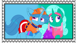 Size: 1440x812 | Tagged: safe, artist:rainbow eevee edits, artist:徐詩珮, character:glitter drops, character:spring rain, species:pony, species:unicorn, series:sprglitemplight diary, series:sprglitemplight life jacket days, series:springshadowdrops diary, series:springshadowdrops life jacket days, alternate universe, clothing, cute, female, lesbian, lifeguard, lifeguard spring rain, paw patrol, shipping, springdrops, stamp