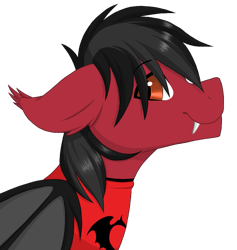 Size: 741x783 | Tagged: safe, artist:melodytheartpony, species:bat pony, species:pony, bat wings, bust, clandestine industries, clothing, commission, cute, ear fluff, fall out boy, fangs, floppy ears, folded wings, hoodie, looking at you, male, pete wentz, ponified, profile, simple background, slit pupils, smiling, solo, stallion, striped mane, transparent background, wings, ych result