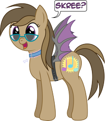 Size: 2699x3114 | Tagged: safe, artist:joey, oc, oc only, oc:dawnsong, species:earth pony, species:pony, bat pony costume, bat wings, belt, collar, fake wings, female, glasses, mare, simple background, skree, solo, strapon wings, transparent background, wings