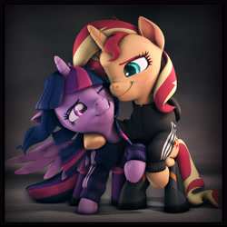 Size: 6000x6000 | Tagged: safe, artist:imafutureguitarhero, character:sunset shimmer, character:twilight sparkle, character:twilight sparkle (alicorn), character:twilight sparkle (scitwi), species:alicorn, species:pony, species:unicorn, ship:scitwishimmer, ship:sunsetsparkle, 3d, :j, absurd resolution, adidas, bipedal, blushing, boots, border, chromatic aberration, clothing, colored eyebrows, colored eyelashes, cute, cutie mark hair accessory, duo, equestria girls ponified, female, film grain, floppy ears, freckles, grin, hoodie, horn, leather, leather boots, lesbian, mare, multicolored hair, nose wrinkle, one eye closed, ponified, raised hoof, revamped ponies, scitwilicorn, scrunchy face, shimmerbetes, shipping, shoes, signature, smiling, source filmmaker, square, twiabetes, wall of tags, windswept mane, wings, wink